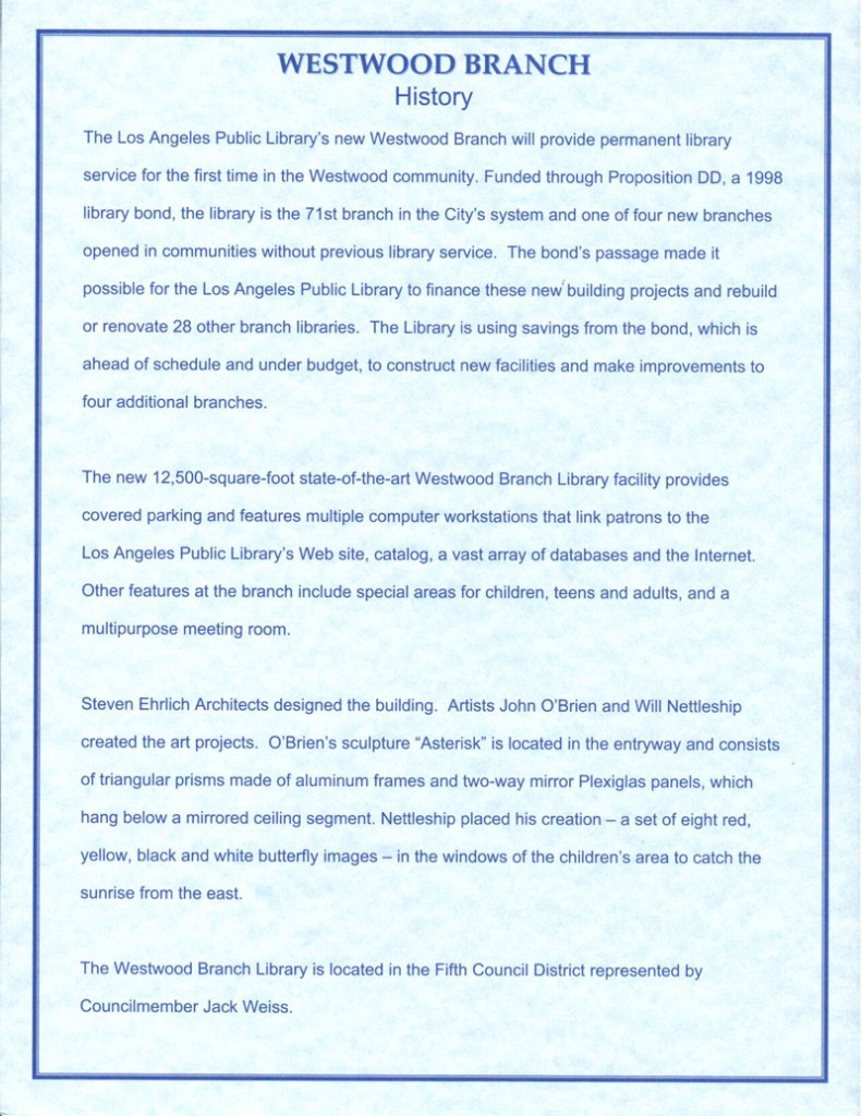 Grand Opening Brochure Friends of Westwood Library